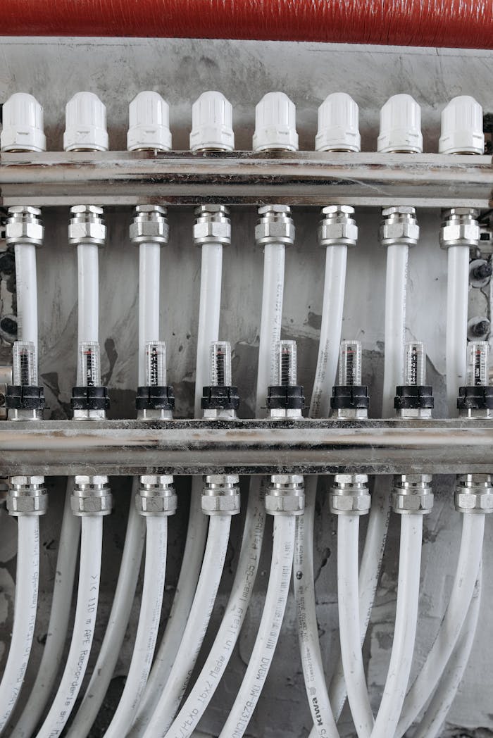 creative Close-up view of an industrial pipe connection system with gauges and valves.